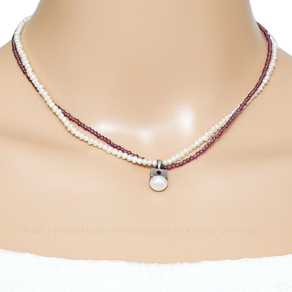 Vintage Baroni Necklace 925 Sterling Seed Pearls Pink Beads Garnet Pendant Italy